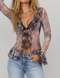 Ladies Chiffon Ruffle Abstract Print Flared Sleeves Blouse