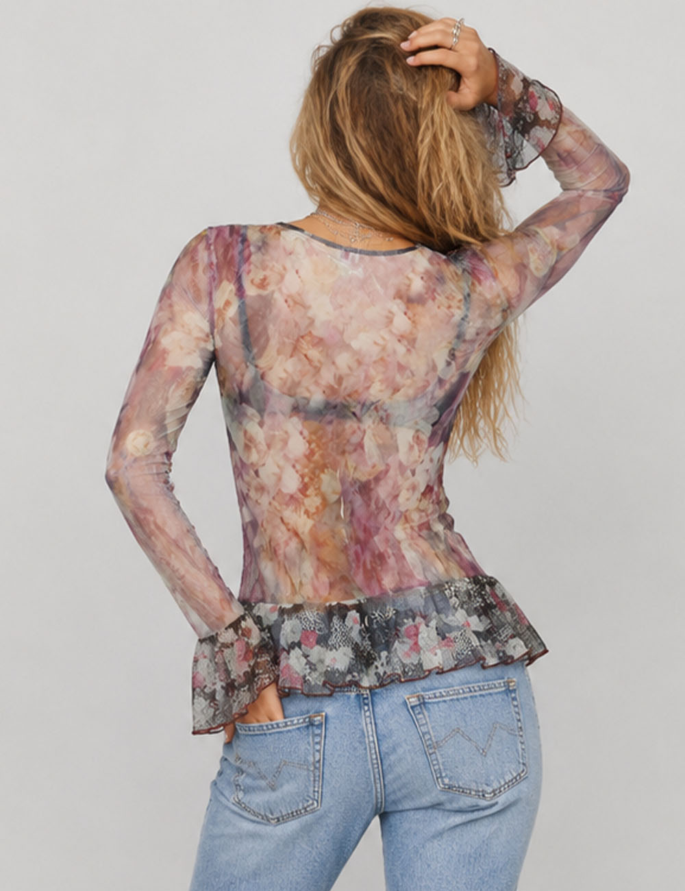 Ladies Chiffon Ruffle Abstract Print Flared Sleeves Blouse