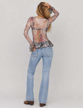Ladies Chiffon Ruffle Abstract Print Flared Sleeves Blouse
