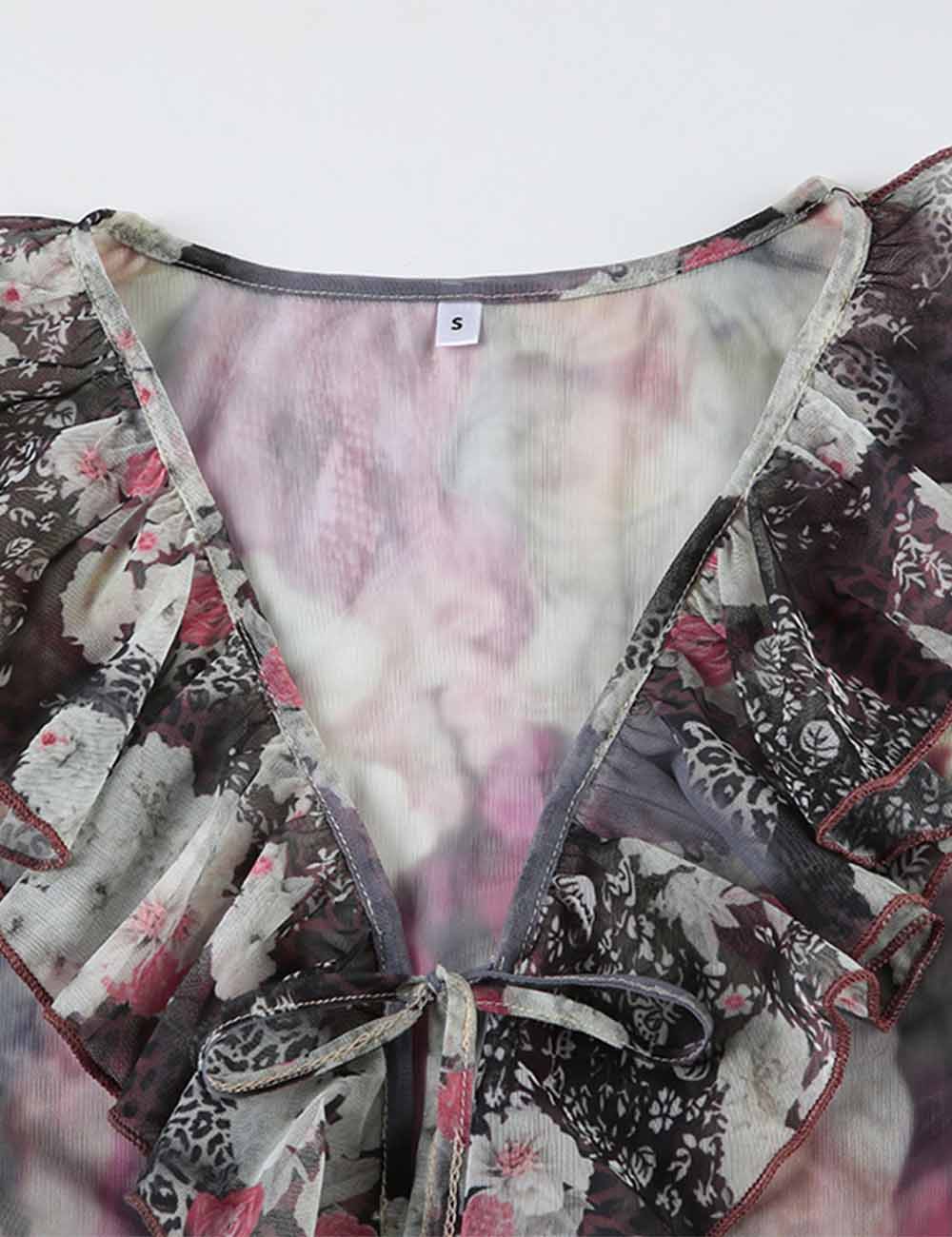 Ladies Chiffon Ruffle Abstract Print Flared Sleeves Blouse