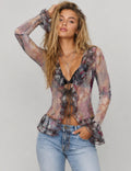 Ladies Chiffon Ruffle Abstract Print Flared Sleeves Blouse