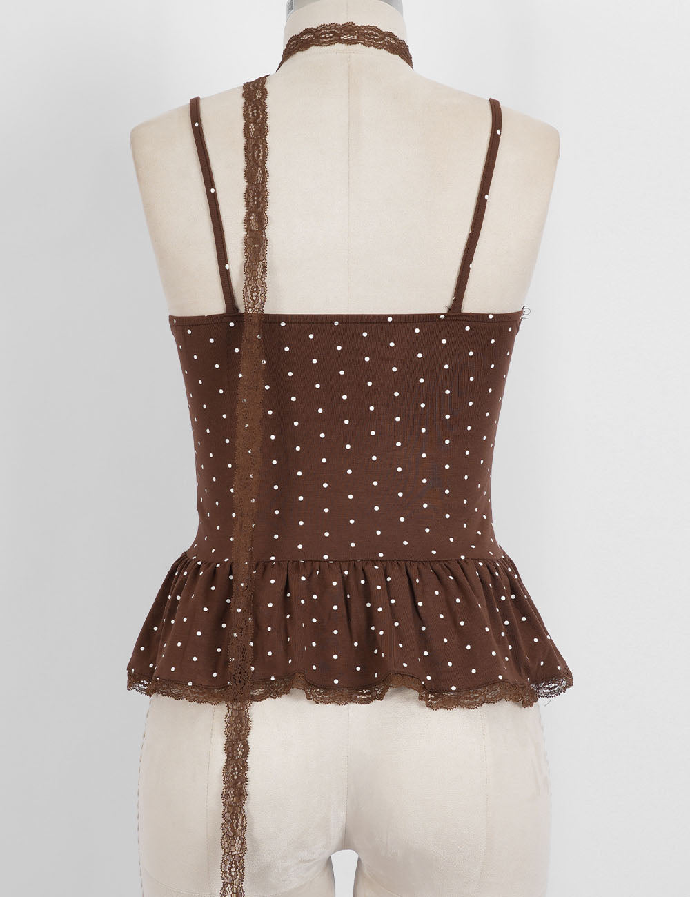 Ladies Polka Dot Print Scarf Neck Lace Trim Peplum Cami Top