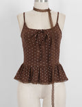 Ladies Polka Dot Print Scarf Neck Lace Trim Peplum Cami Top