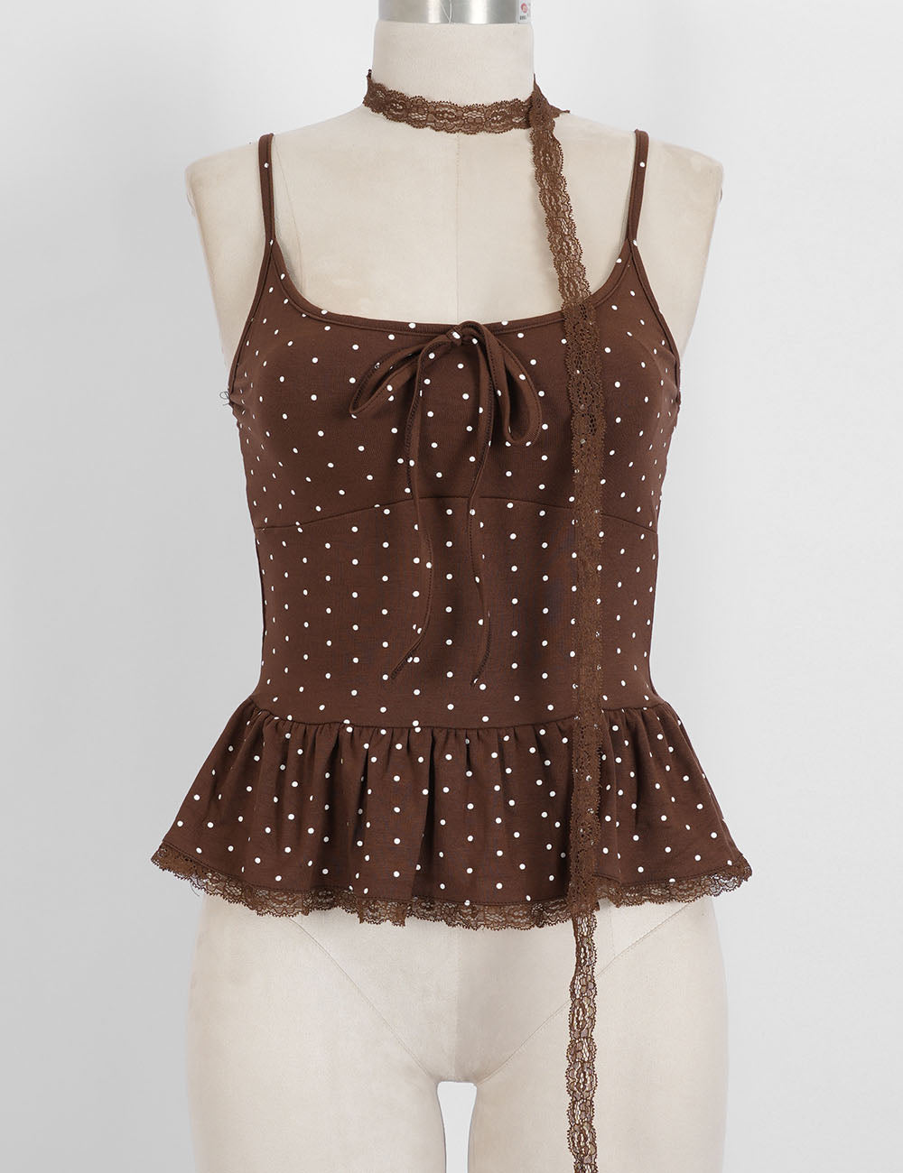 Ladies Polka Dot Print Scarf Neck Lace Trim Peplum Cami Top