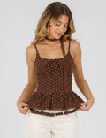 Ladies Polka Dot Print Scarf Neck Lace Trim Peplum Cami Top