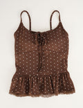 Ladies Polka Dot Print Scarf Neck Lace Trim Peplum Cami Top