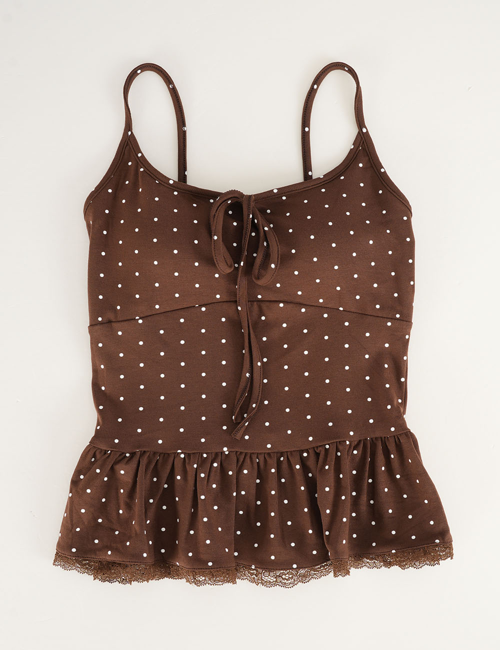 Ladies Polka Dot Print Scarf Neck Lace Trim Peplum Cami Top