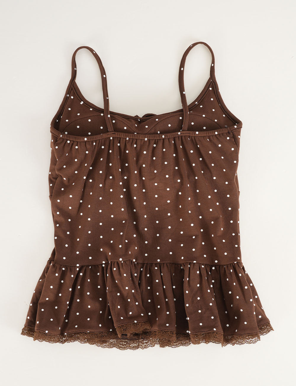 Ladies Polka Dot Print Scarf Neck Lace Trim Peplum Cami Top