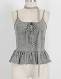 Ladies Polka Dot Print Scarf Neck Lace Trim Peplum Cami Top