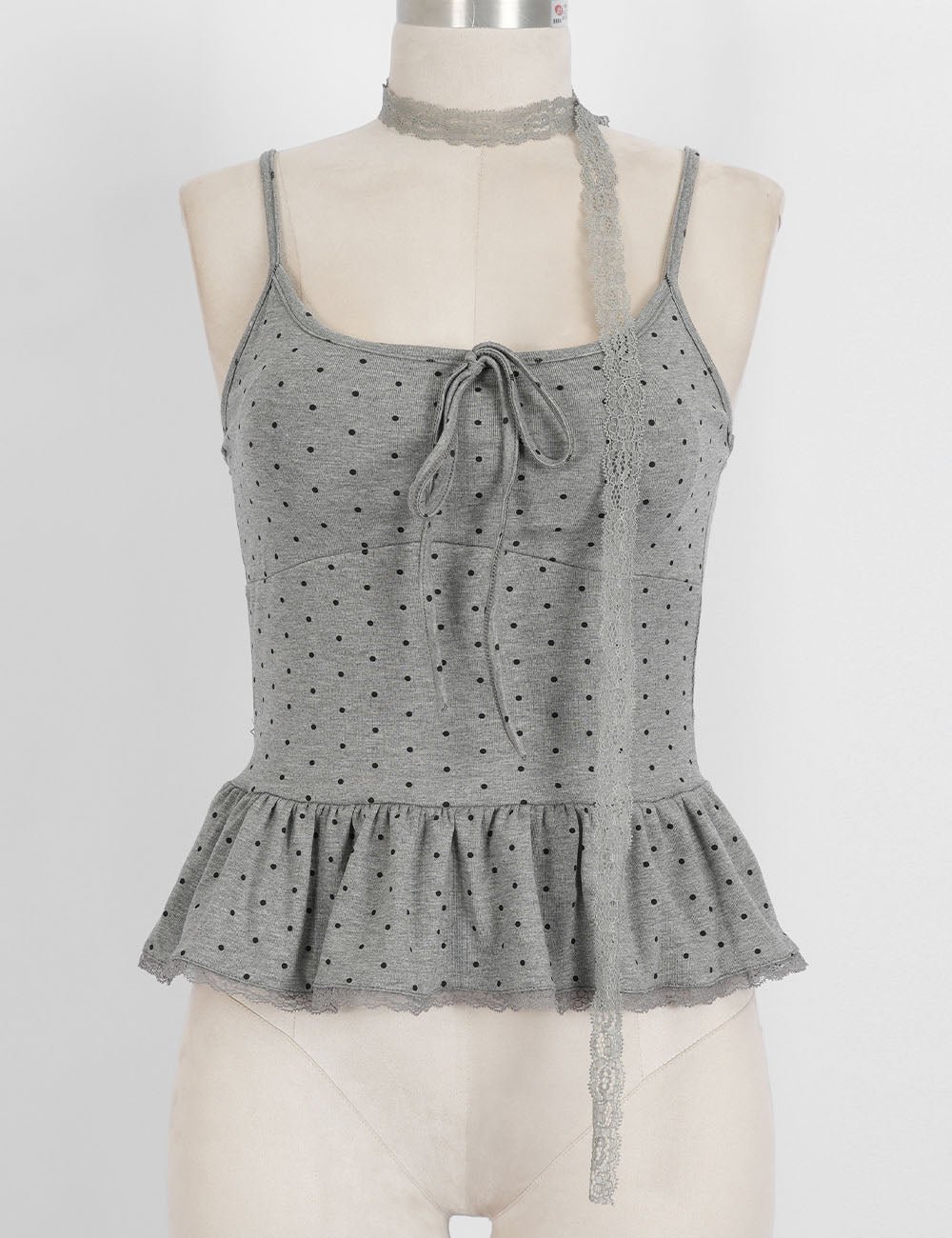 Ladies Polka Dot Print Scarf Neck Lace Trim Peplum Cami Top