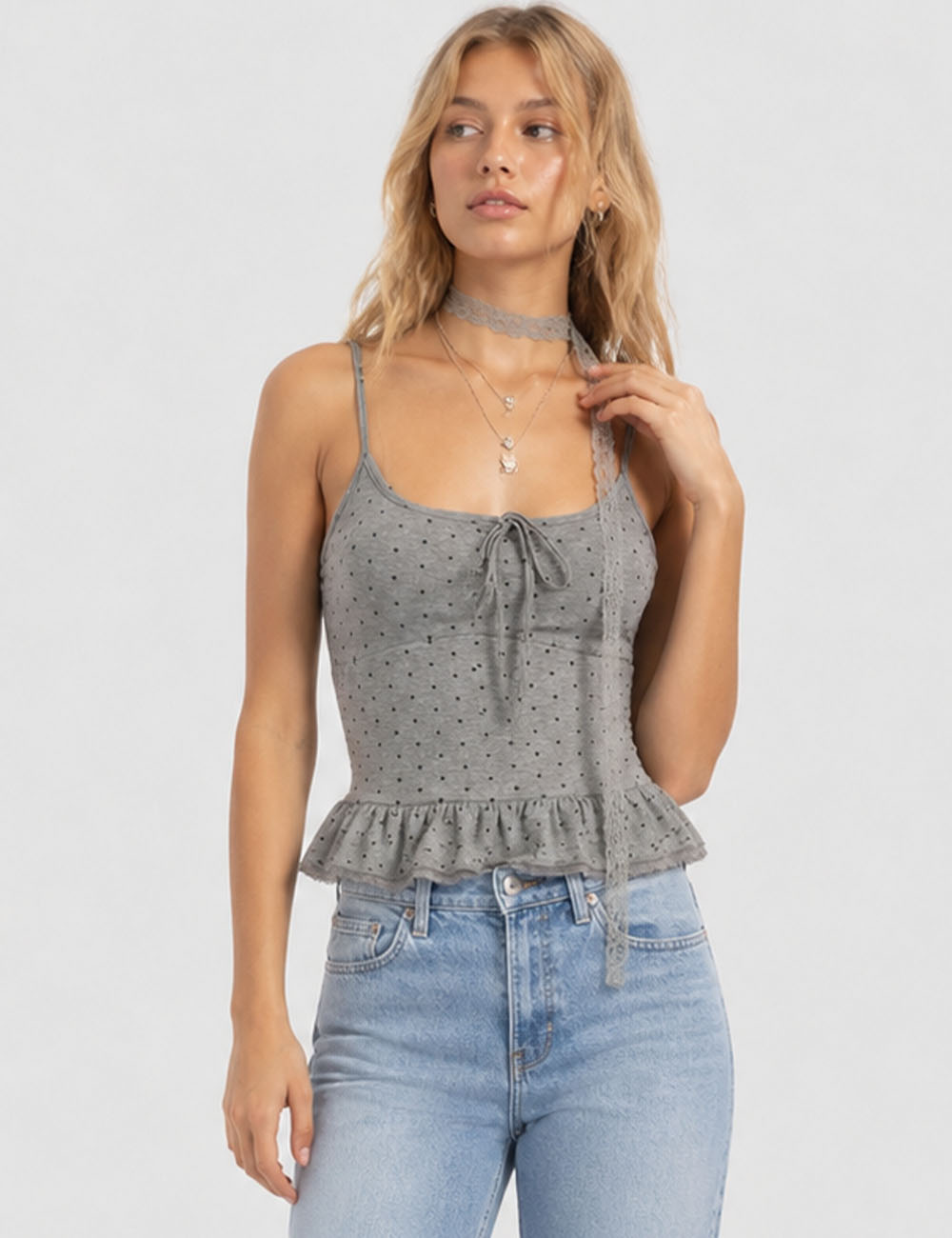 Ladies Polka Dot Print Scarf Neck Lace Trim Peplum Cami Top