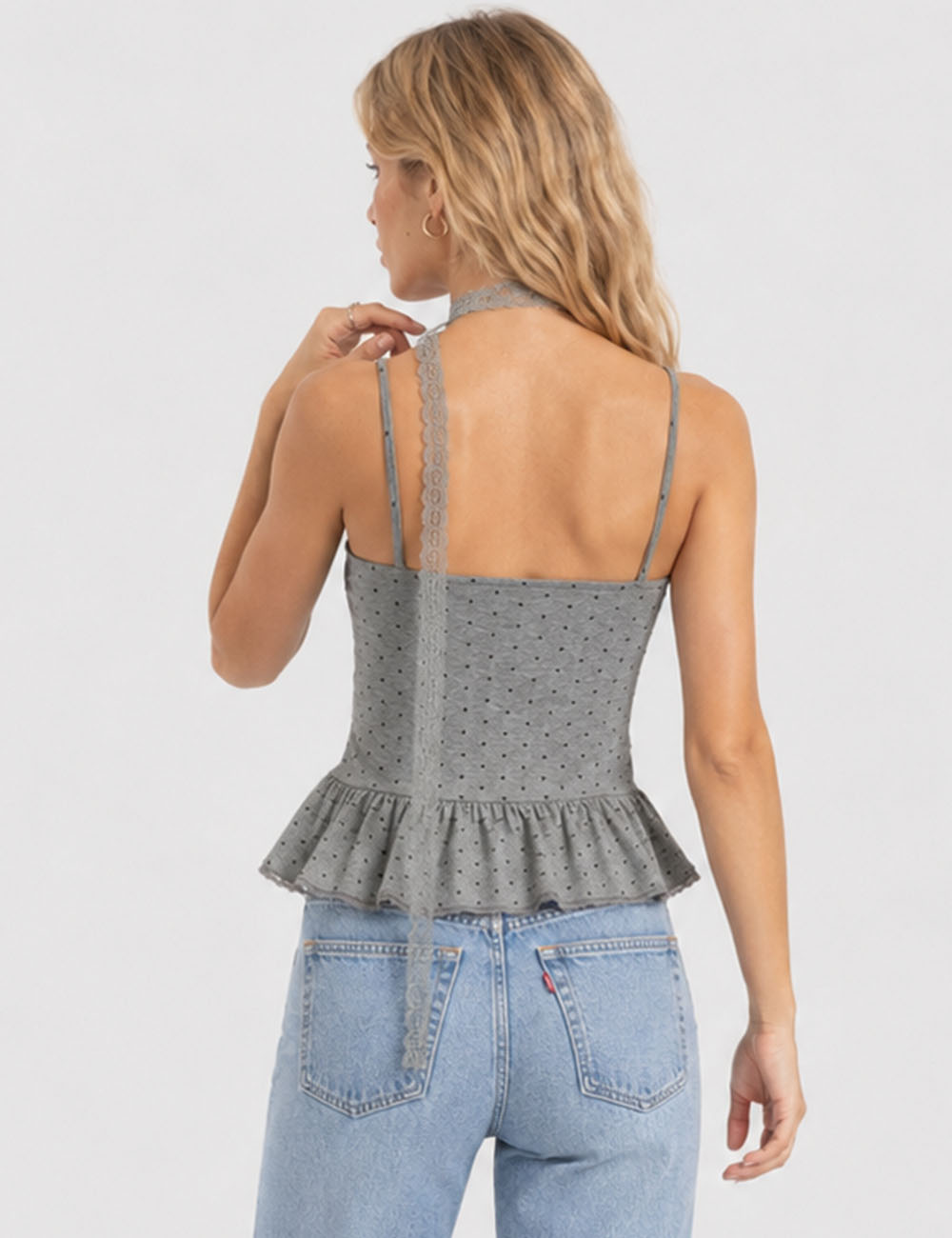 Ladies Polka Dot Print Scarf Neck Lace Trim Peplum Cami Top
