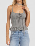 Ladies Polka Dot Print Scarf Neck Lace Trim Peplum Cami Top