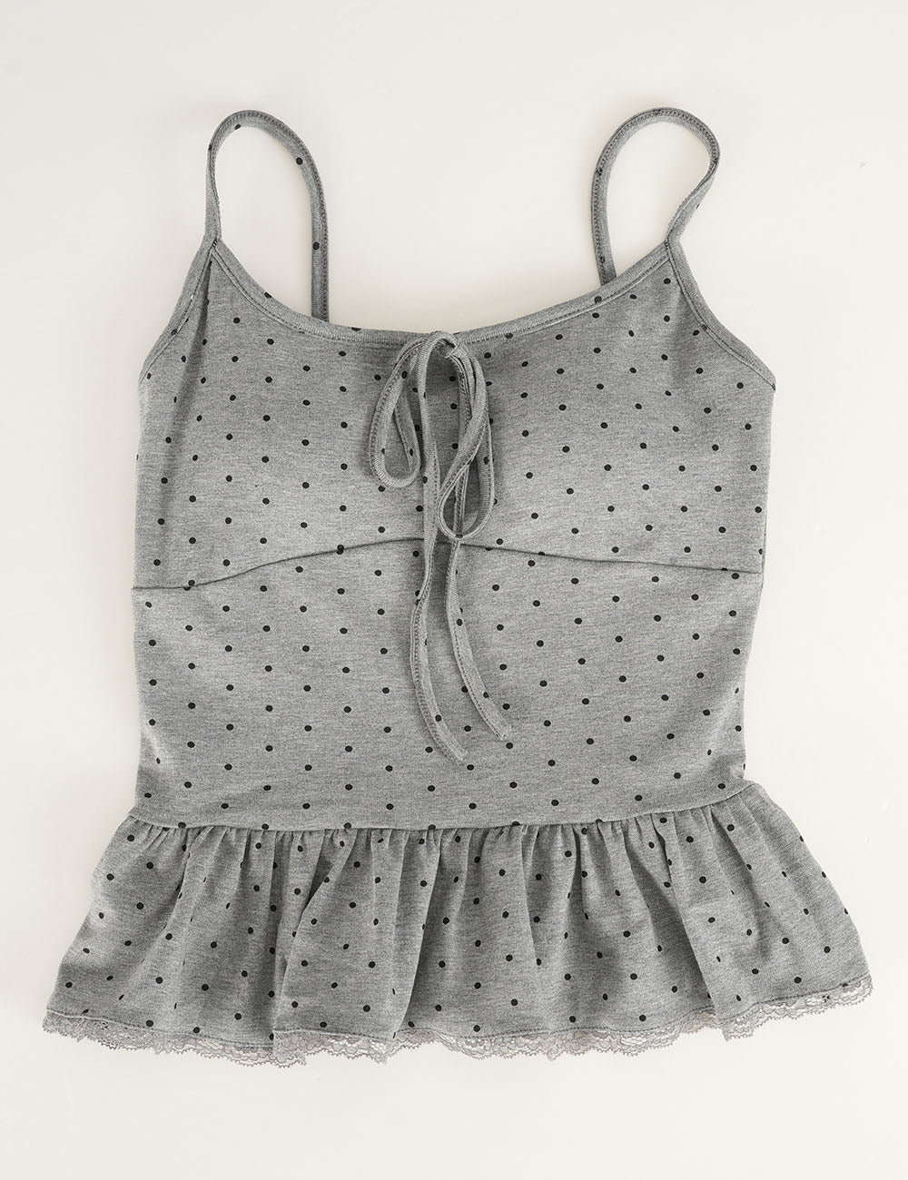 Ladies Polka Dot Print Scarf Neck Lace Trim Peplum Cami Top
