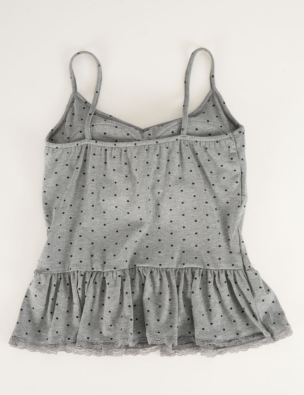 Ladies Polka Dot Print Scarf Neck Lace Trim Peplum Cami Top