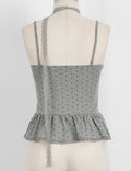 Ladies Polka Dot Print Scarf Neck Lace Trim Peplum Cami Top