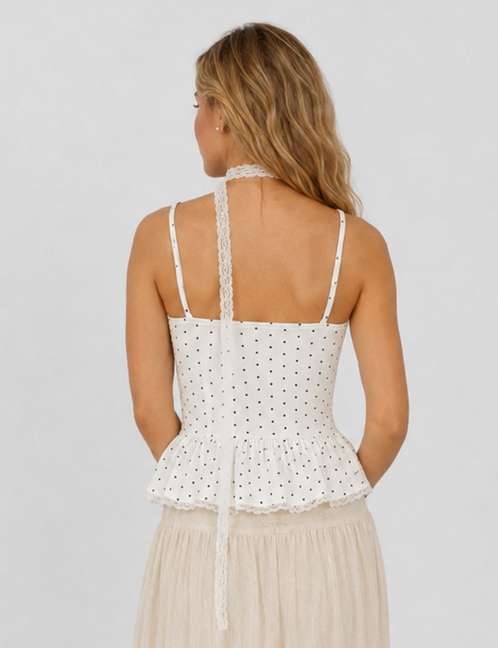 Ladies Polka Dot Print Scarf Neck Lace Trim Peplum Cami Top