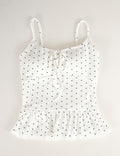 Ladies Polka Dot Print Scarf Neck Lace Trim Peplum Cami Top