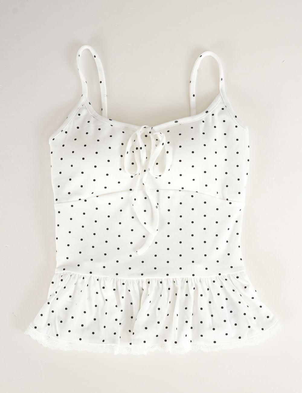 Ladies Polka Dot Print Scarf Neck Lace Trim Peplum Cami Top