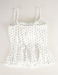 Ladies Polka Dot Print Scarf Neck Lace Trim Peplum Cami Top