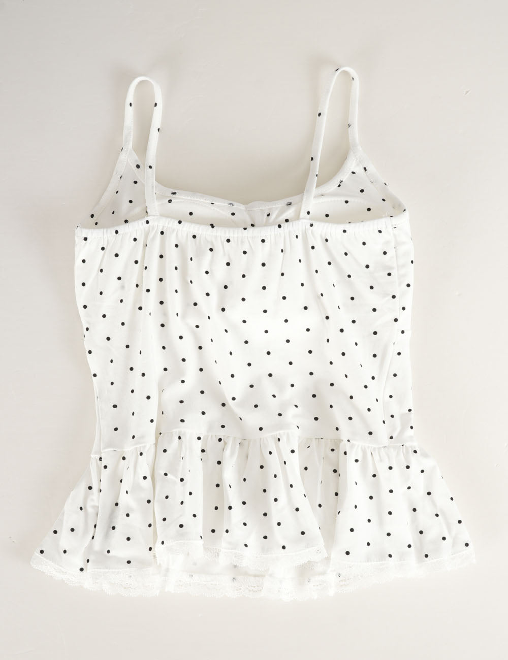 Ladies Polka Dot Print Scarf Neck Lace Trim Peplum Cami Top