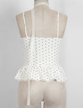 Ladies Polka Dot Print Scarf Neck Lace Trim Peplum Cami Top