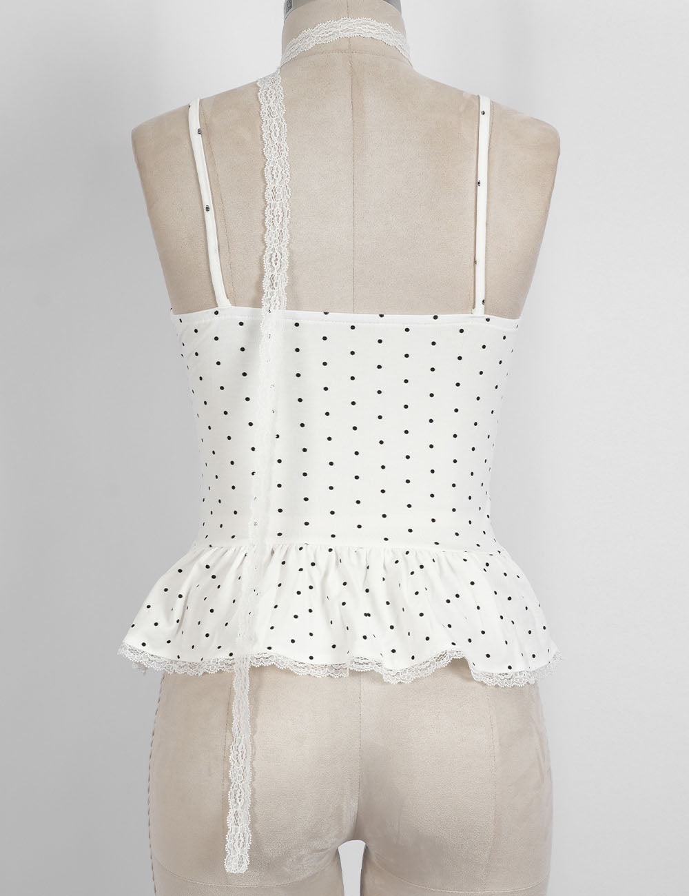 Ladies Polka Dot Print Scarf Neck Lace Trim Peplum Cami Top