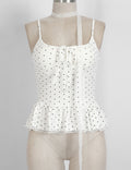 Ladies Polka Dot Print Scarf Neck Lace Trim Peplum Cami Top