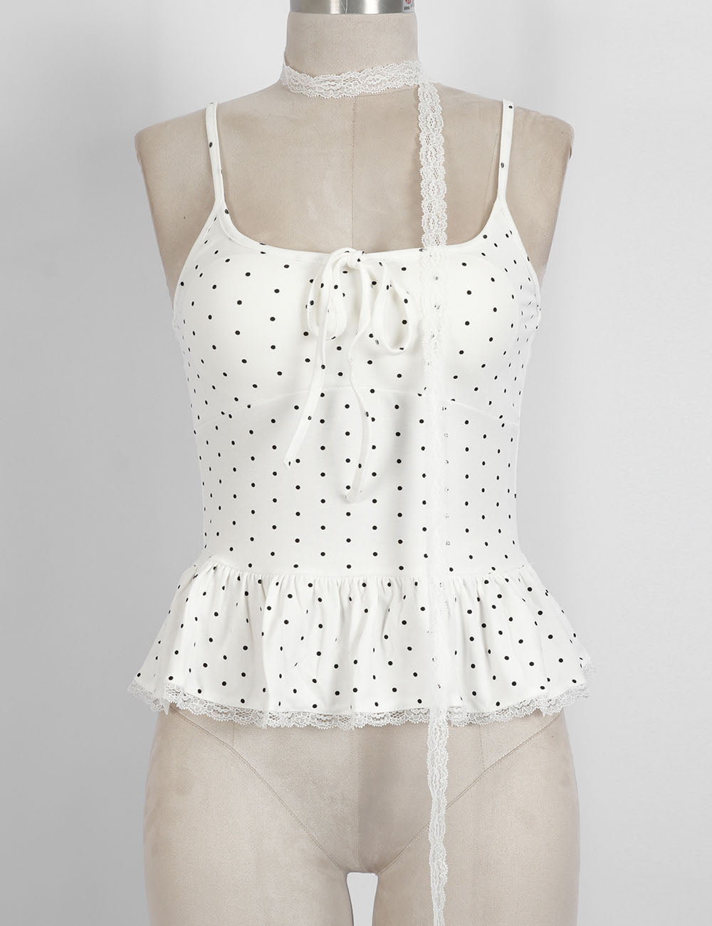 Ladies Polka Dot Print Scarf Neck Lace Trim Peplum Cami Top