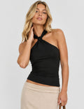 Ladies Twist Neck Solid Color Sleeveless Ruched Top