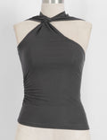 Ladies Twist Neck Solid Color Sleeveless Ruched Top