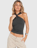 Ladies Twist Neck Solid Color Sleeveless Ruched Top