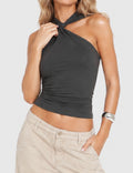 Ladies Twist Neck Solid Color Sleeveless Ruched Top