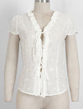 Ladies Embroidery Eyelet V-Neck Lace-Up Blouse