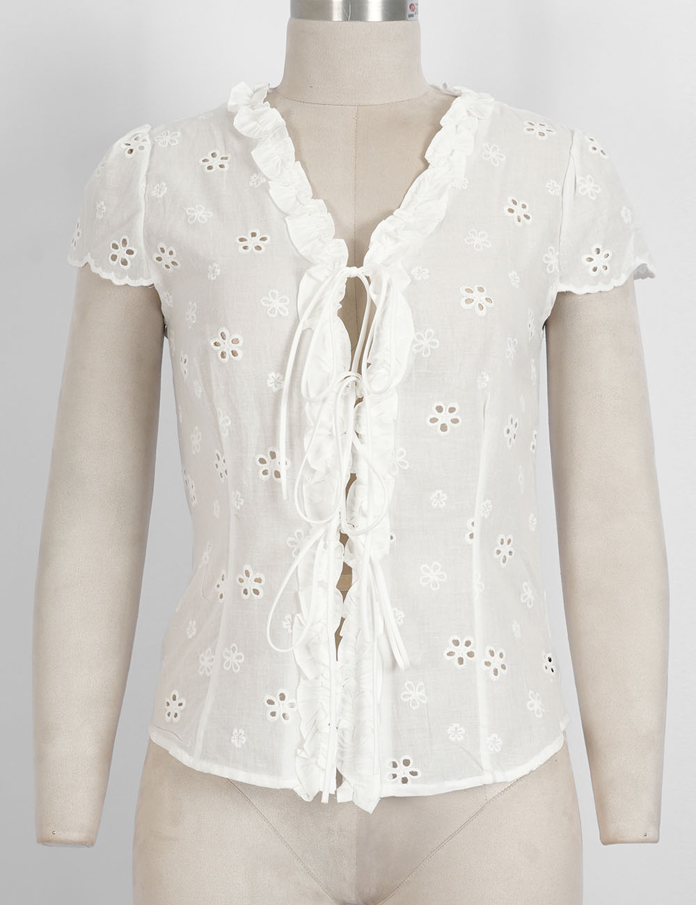 Ladies Embroidery Eyelet V-Neck Lace-Up Blouse