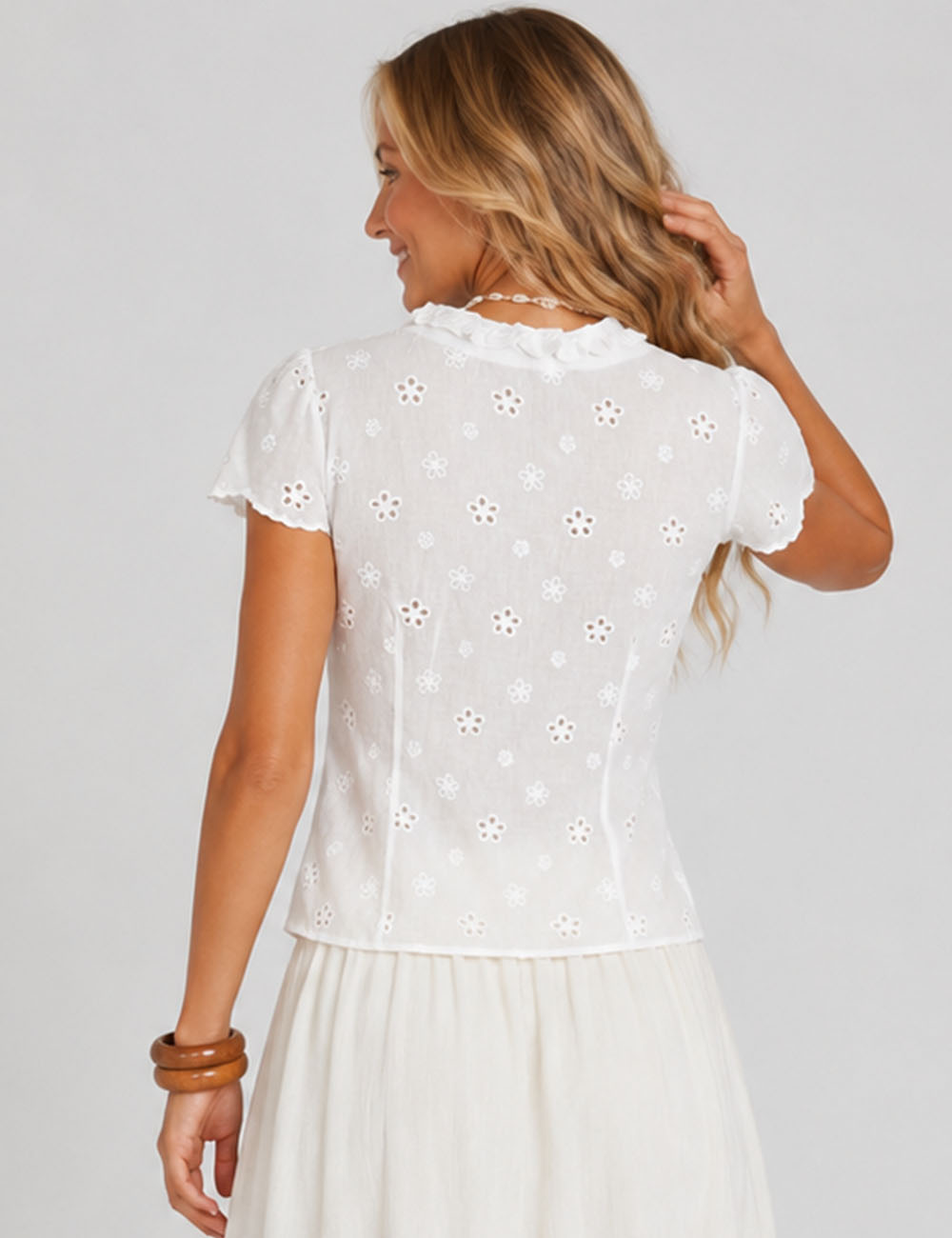 Ladies Embroidery Eyelet V-Neck Lace-Up Blouse