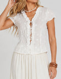 Ladies Embroidery Eyelet V-Neck Lace-Up Blouse