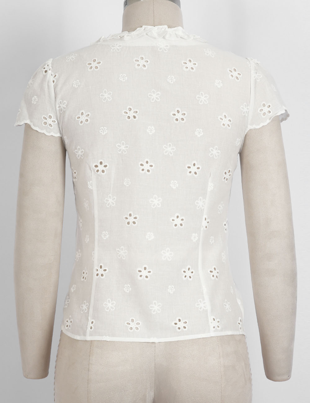 Ladies Embroidery Eyelet V-Neck Lace-Up Blouse