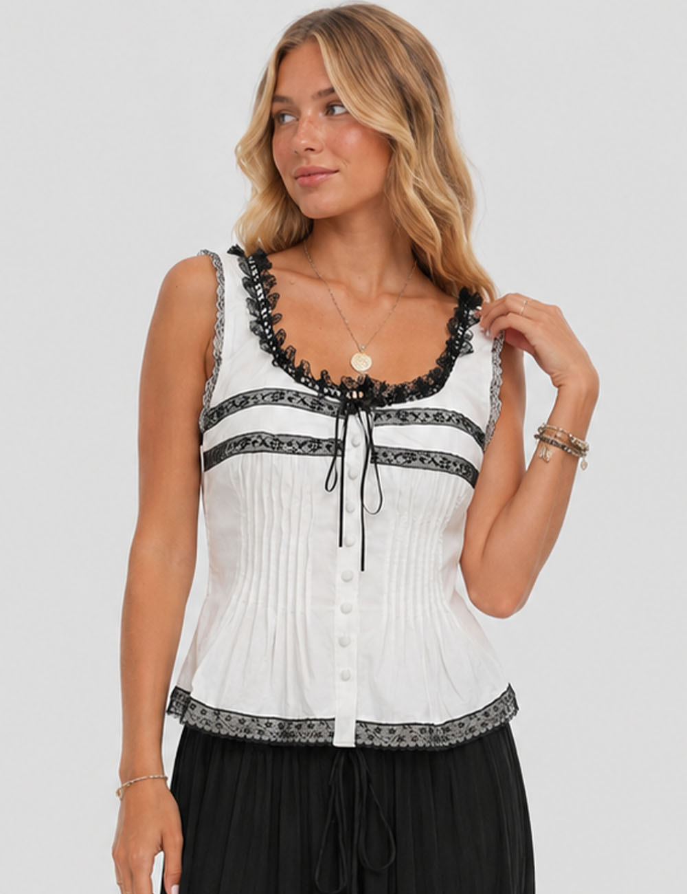 Ladies Lace Trim Square Neck Color Block Tank Top