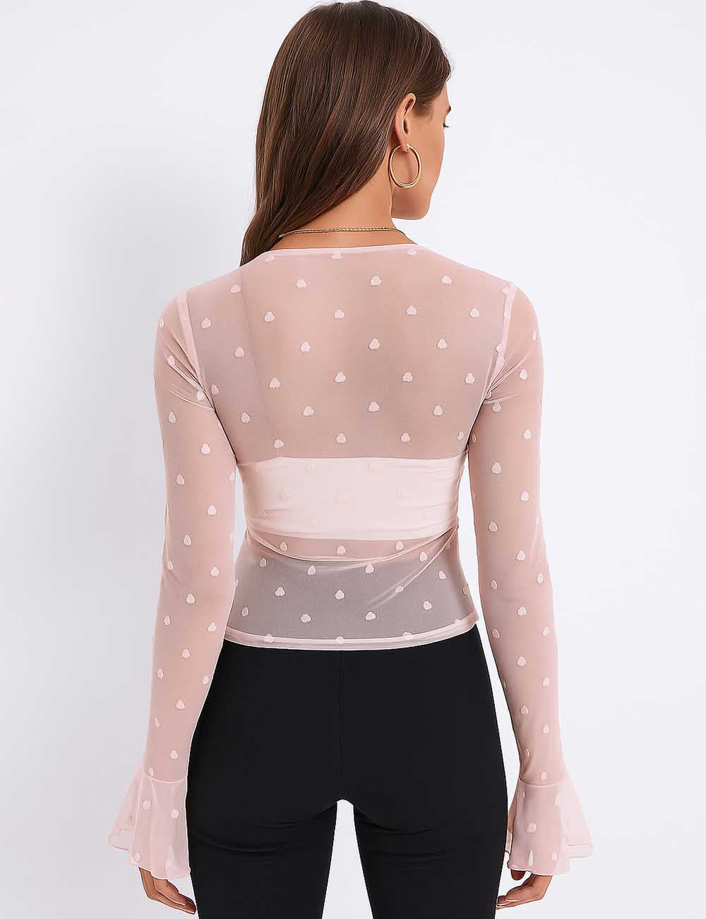 Ladies Heart Pattern Round Neck Flared Sleeves Layering Top