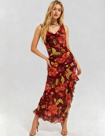 Ladies Floral Cowl Neck Ruffle Hem Ruched Maxi Dress