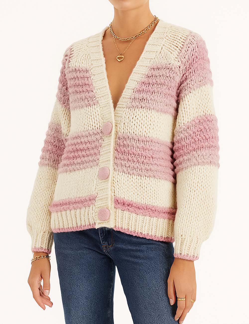 Ladies Chunky Knit Color Block V-Neck Loopy Stitch Cardigan
