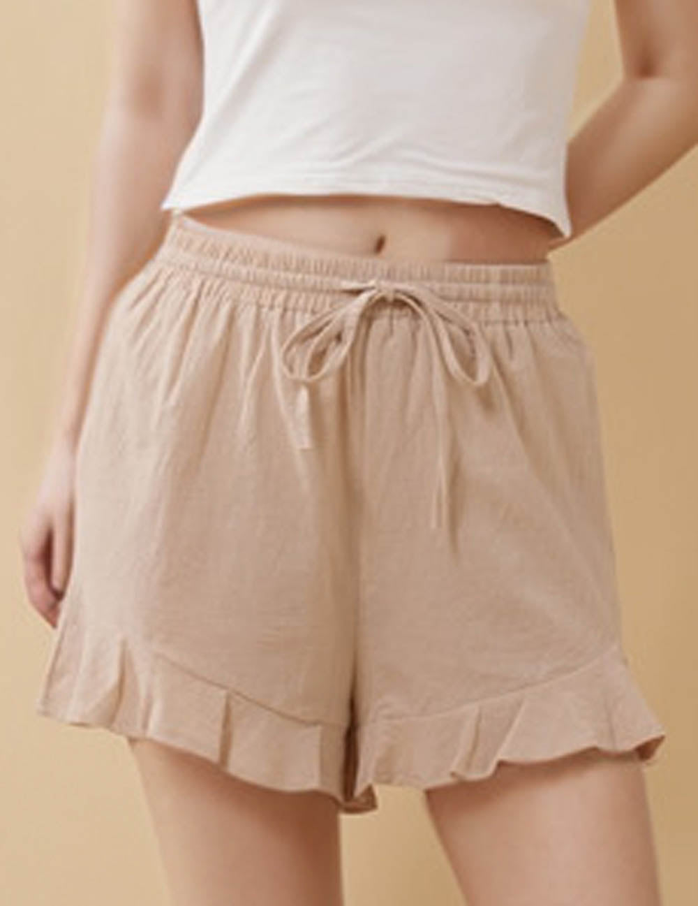 Ladies Solid Color Ruffle Drawstring Shorts