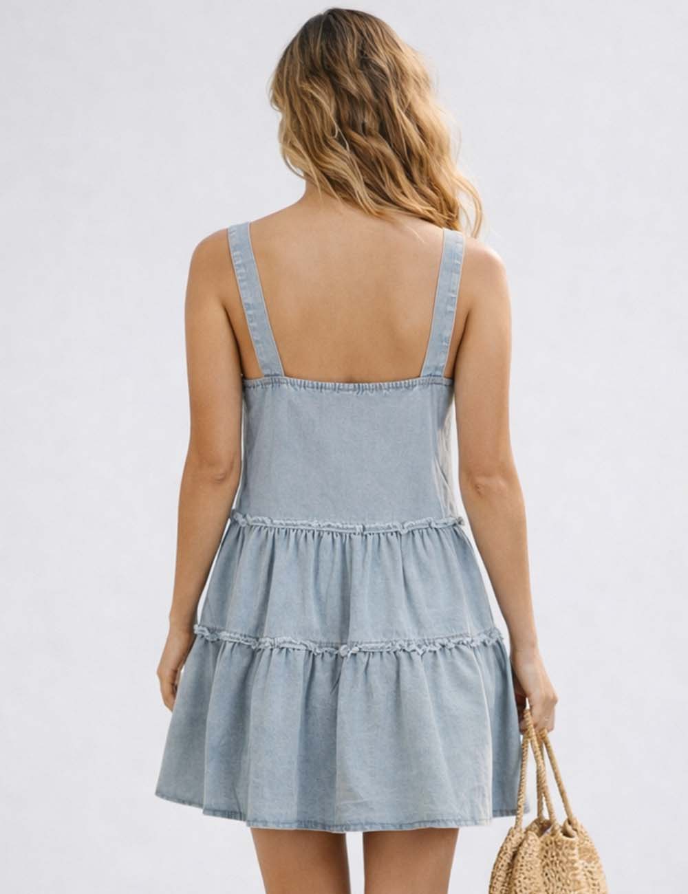 Ladies Lace Panel Two Strap Pocket Sleeveless Denim Dress