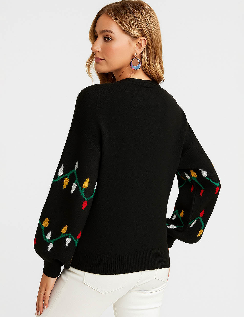 Ladies Christmas Light Jacquard Pattern Lantern Sleeves Sweater
