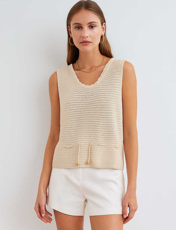 Ladies Solid Color V-Neck String Tie Knit Vest