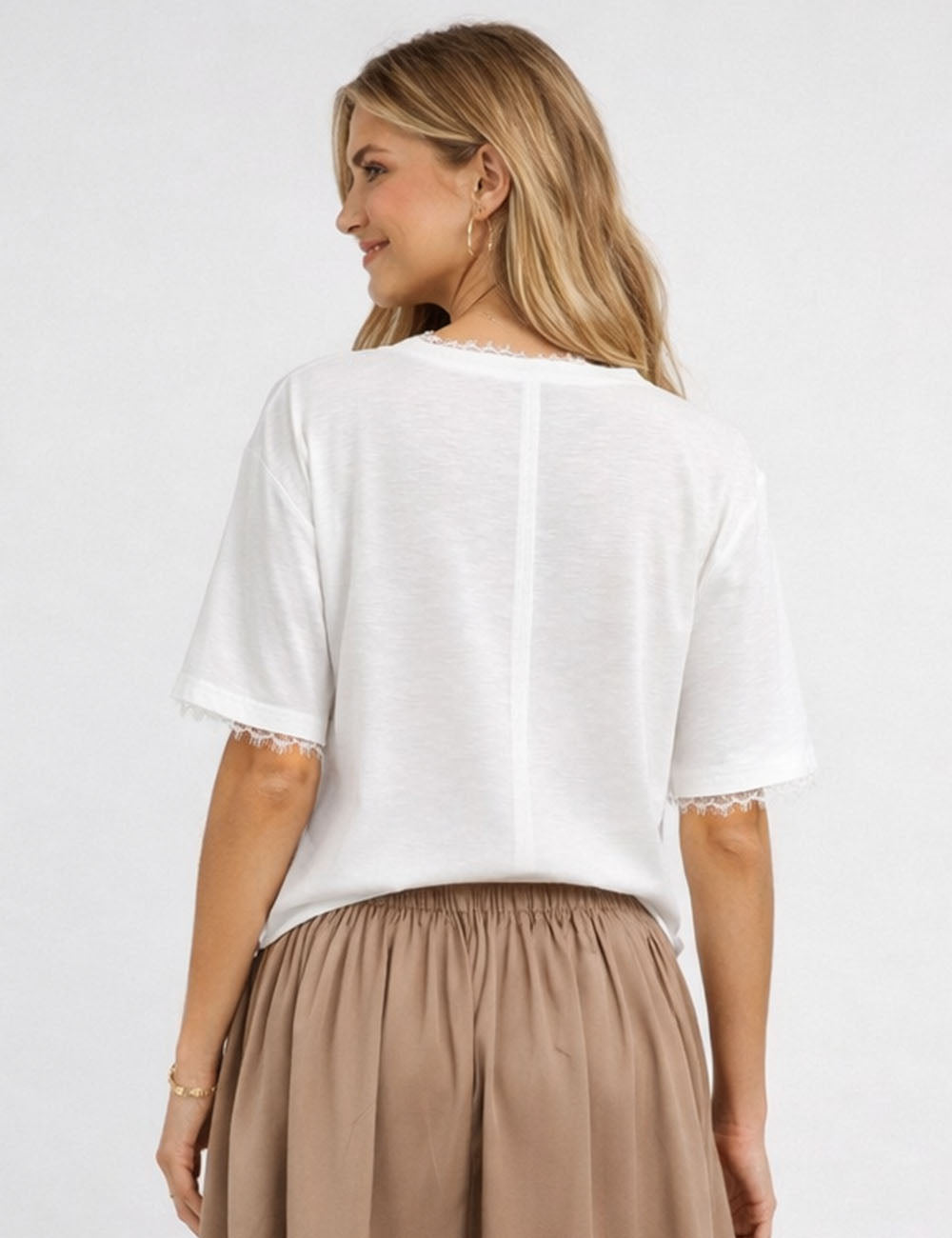 Ladies Chic Lace Trim Solid Color V-Neck Short Sleeves T-Shirt