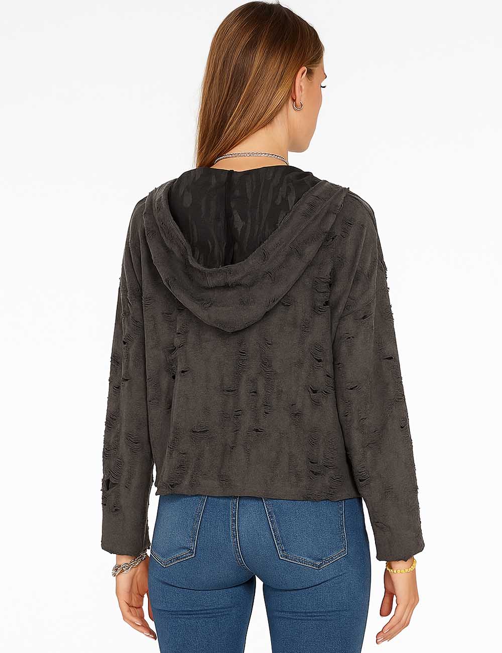 Ladies Full Ripped Distressed V-Neck Hoodie Sweatshirt
