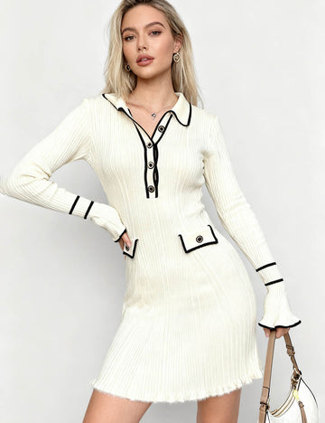 Ladies Color Block Button Flared Sleeves Collar Knit Mini Dress