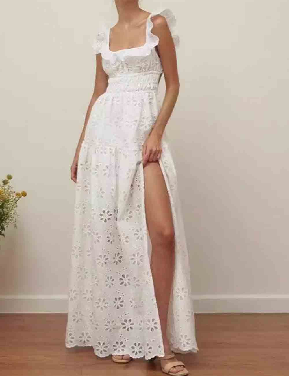 Ladies Ruffle Eyelets Strape Shoulder White Maxi Dress